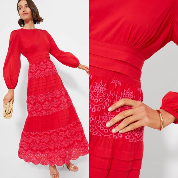 Pomander Place Red Eyelet Long Sleeve A Line Maxi Dress NWT Size L - Picture 1 of 11